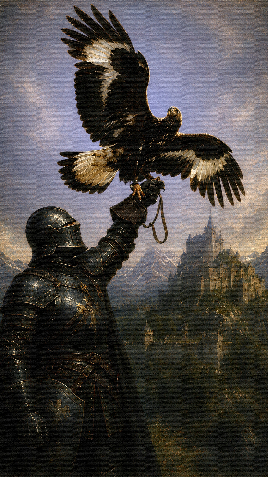 Ilustraci&oacute;n: caballero con un &aacute;guila frente a un castillo